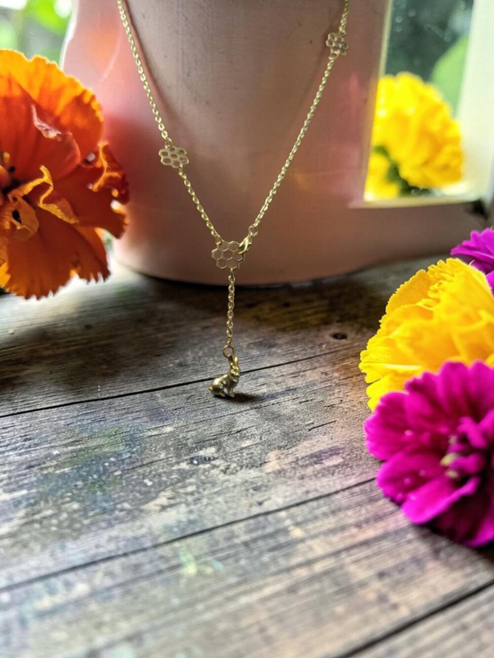 Honey Bunny Lariat Necklace, Golden Brass Y Pendant, Adjustable